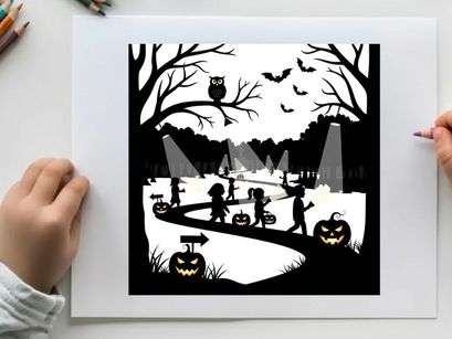 Halloween silhouette of children trick or treating in a spooky graveyard at night
