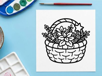 Hand-drawn Halloween basket with white flowers and stars. Vintage wicker trick-or-treat container filled with spooky floral decorations.