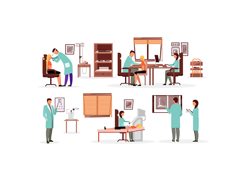 Medicine and healthcare workers flat illustrations set