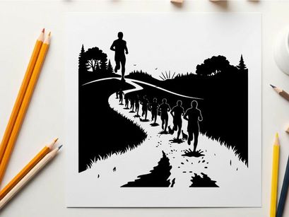 Silhouette of a lone runner leading a group on a path