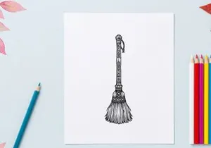 Hand-drawn vintage broom illustration for cleaning and home decor. Classic witch-style besom sketch with rustic texture and minimalist design.