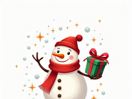 A cheerful snowman with a red hat and scarf holds a green wrapped gift. preview picture