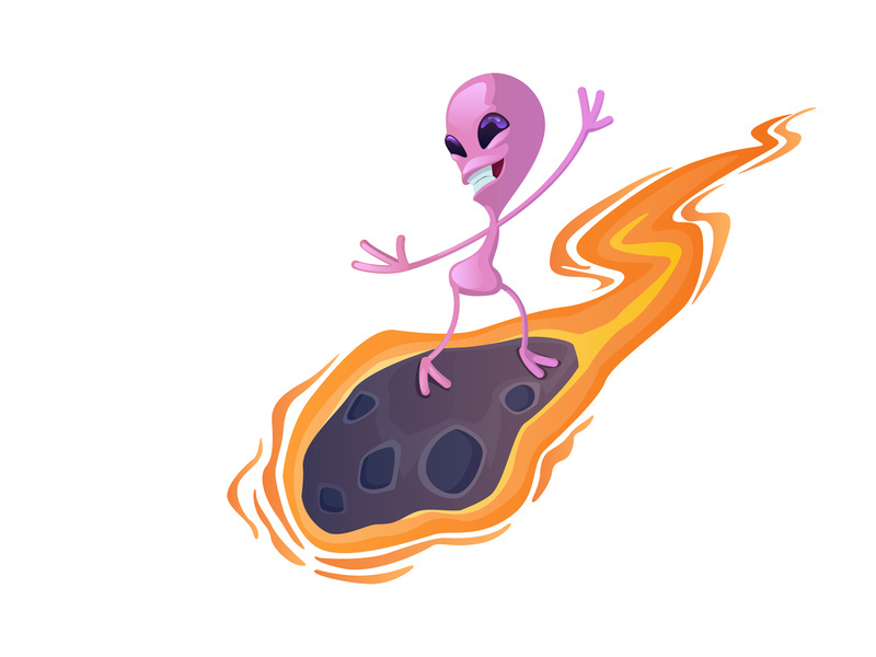 Alien on meteorite flat cartoon vector illustration