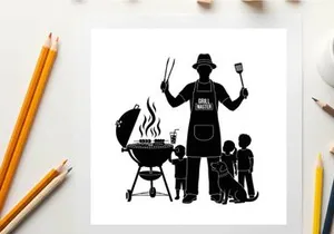 Silhouette of a man grilling with kids and dog