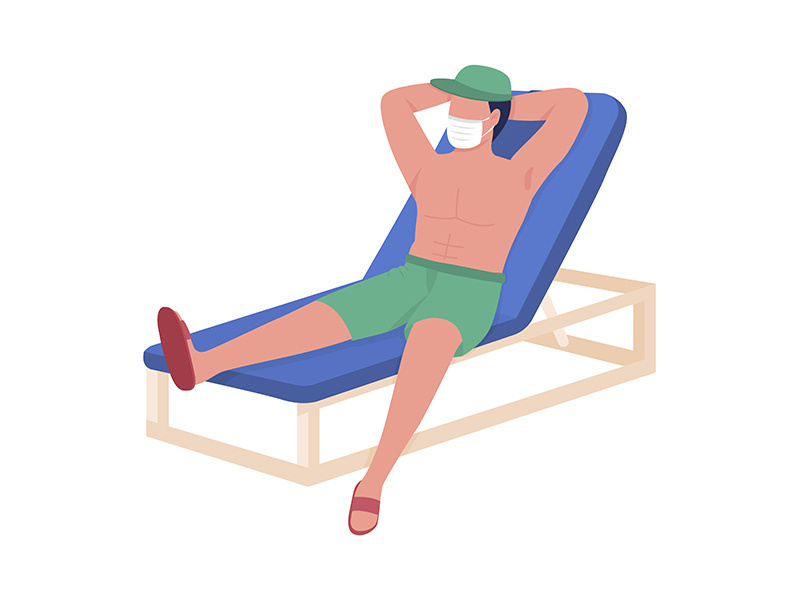 Guy with face mask lying on lounger semi flat color vector character