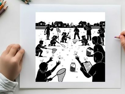 Children playing with butterflies in a suburban setting silhouette