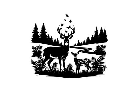 Silhouette of deer and fawn in forest with trees and birds