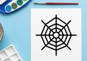 Diseño minimalista geométrico de telaraña para Halloween. Ilustración vectorial en blanco y negro de una telaraña estilizada con nodo central.