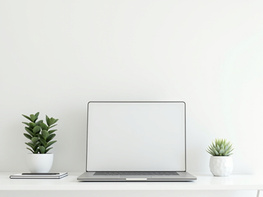 Minimal desk workspace with laptop, notebook, and indoor plant preview picture