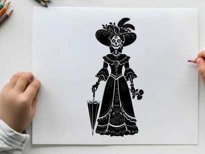 Victorian silhouette of a woman in a lavish dress and hat