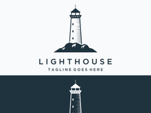 Sea lighthouse tower building creative logo with spotlights vintage vector template.