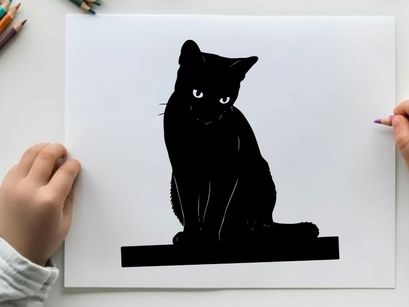 Black cat silhouette sitting on a platform looking forward