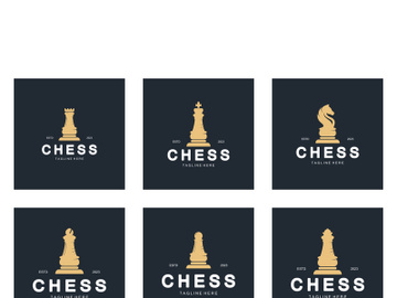 Chess strategy game logo with horse, king, pawn, minister and rook. Logo for chess tournament, chess team, chess championship, chess game application. preview picture