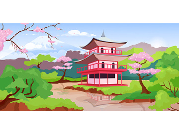 Japanese pagoda and Fuji Mount flat color vector illustration preview picture