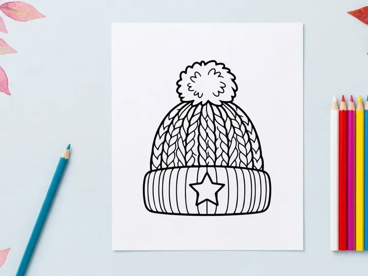 Winter knit beanie hat with pom pom and star icon line art illustration
