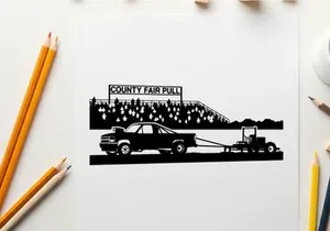 Truck towing tractor at county fair pull event silhouette