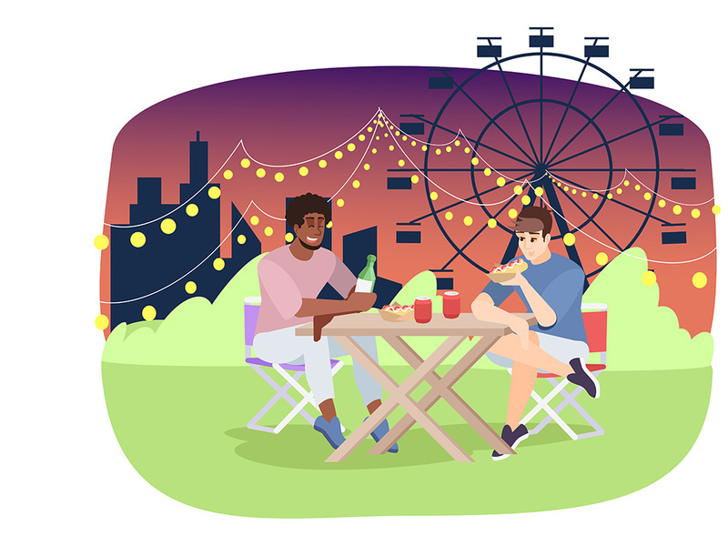 Friends eating pizza at fairground flat vector illustration