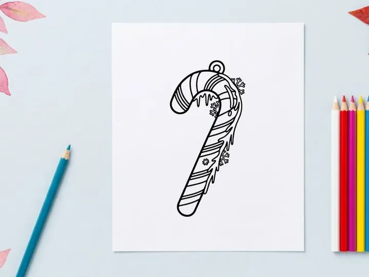 Candy cane ornament line art drawing for Christmas holiday coloring book page design.