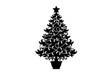 Schwarze Silhouette eines Weihnachtsbaums mit Lichterkette auf weißem Hintergrund
