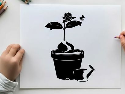 Silhouette of a potted plant with a watering can
