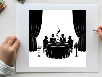 Silhouette of men in top hats gathered around a table with a dancing silhouette