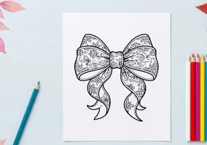 Decorative Christmas bow with floral pattern line art illustration for holiday design.