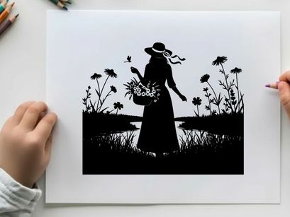 Silhouette of a woman in a field with flowers and a basket