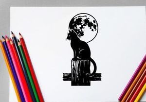 Silhouette of a cat sitting on a tree stump with full moon in background