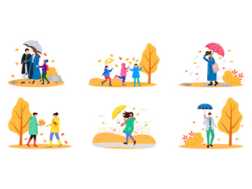 Walking people with umbrellas flat color vector faceless characters set preview picture