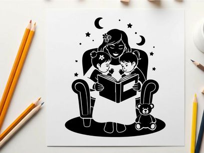 Silhouette of woman reading to children at night