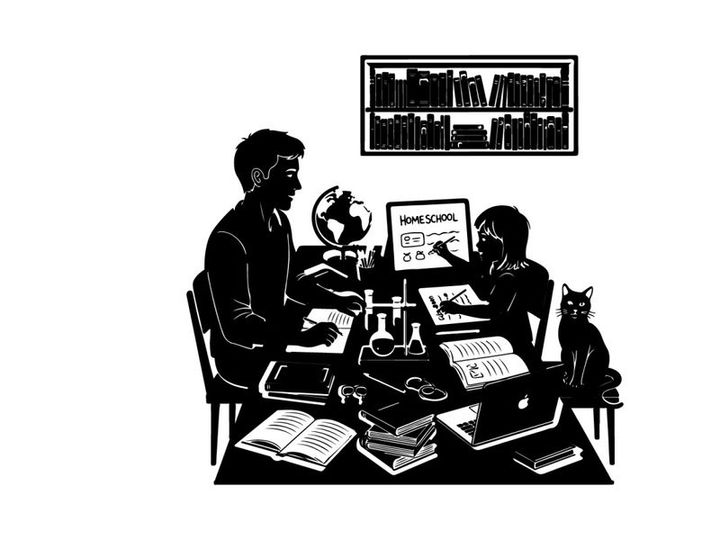 Silhouette of two people working at a desk with silhouette cat