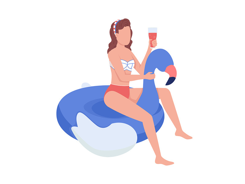 Woman with cocktail on inflatable flaming semi flat color vector character