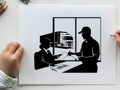 Businessman and delivery man in silhouette discussing documents by window with truck outside