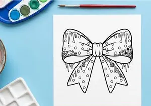 Christmas bow line art illustration with icicles and snowflakes for holiday coloring page.
