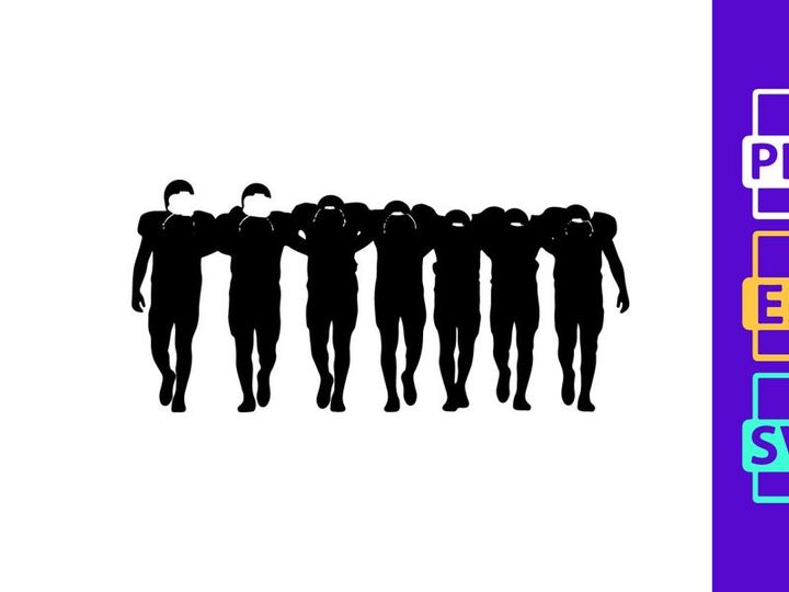 Seven people walking in a line with arms around each other's shoulders in black silhouette