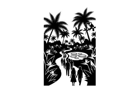 Tropical paradise scene with silhouette of people and palm trees