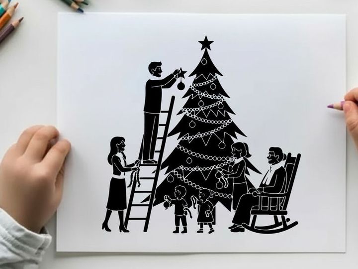 Family decorating christmas tree with silhouette of people and kids
