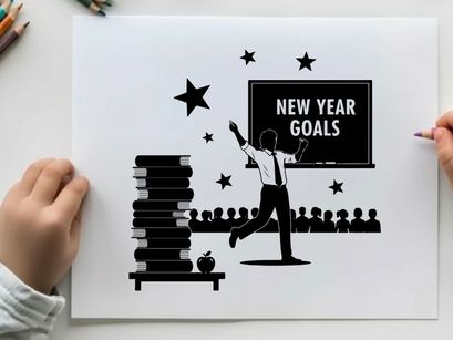 Man in silhouette celebrating new year goals with stars and books nearby