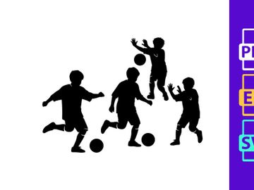 Four black silhouettes of boys playing soccer with balls preview picture
