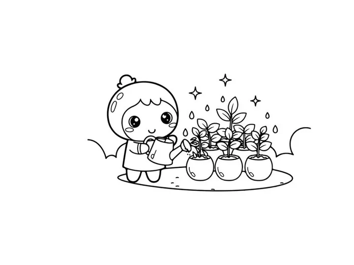 Cute robot watering plants flat design vector illustration