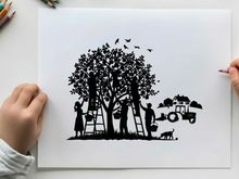 Silhouette of family picking fruit from trees with tractor