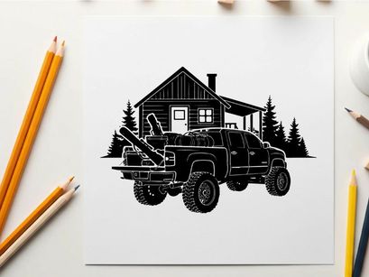 Silhouette of a pickup truck in front of a house with trees