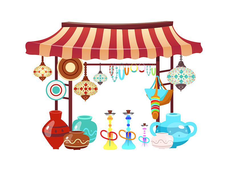 Eastern market tent with handcrafted souvenirs cartoon vector illustration