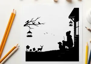 Silhouette of woman and dog by a house with birds