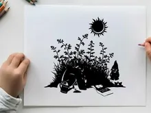 Silhouette of a person sitting under sun with plants and gnome