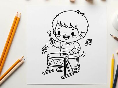 Cute child playing drums happy music vector illustration