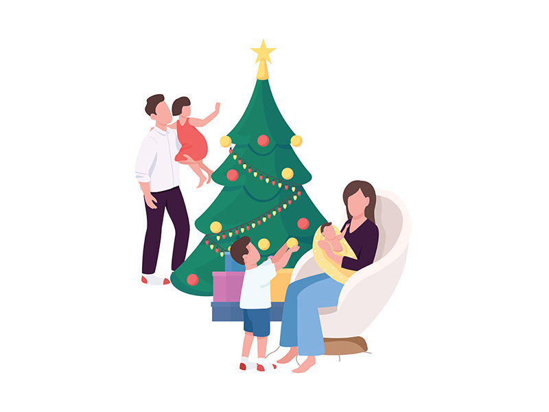 Family near Christmas tree at home flat color vector faceless characters