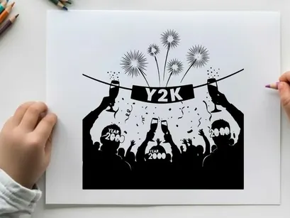 Y2k celebration silhouette with fireworks and confetti