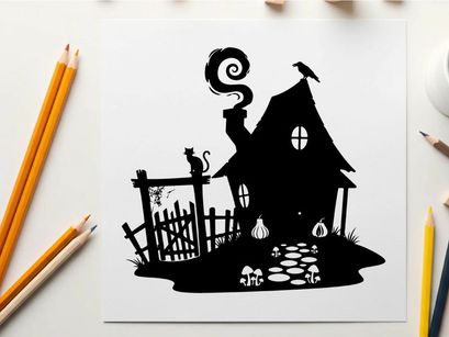 Spooky silhouette of haunted house with cat and raven