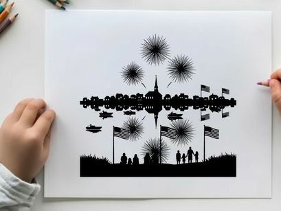 Patriotic silhouette of fireworks and flags on a white background